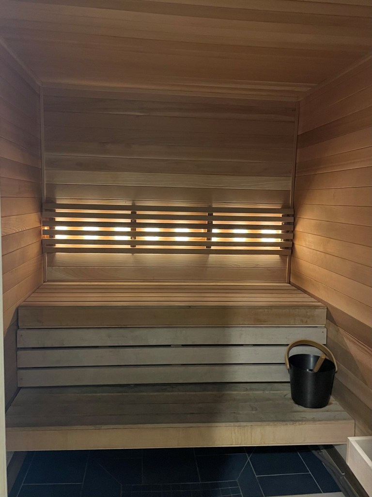 View of a bench at the sauna.